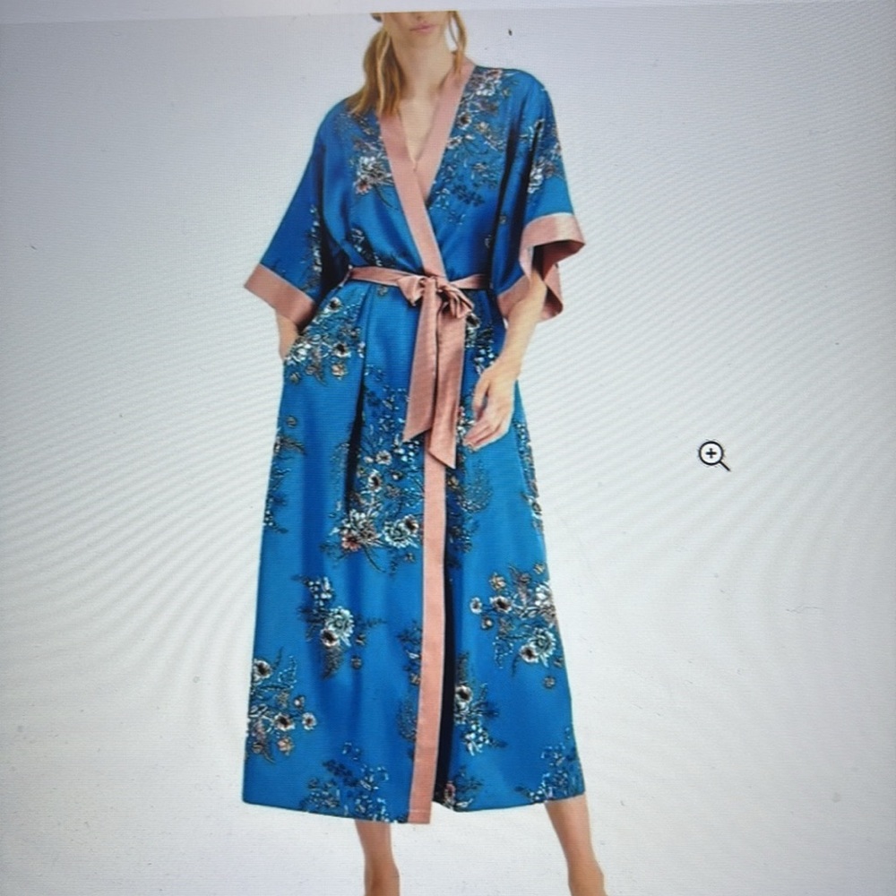 NWT INC International Concepts Blue and Pink Floral Full Length Kimono Robe